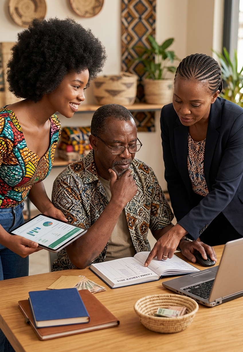 Chama members reviewing contributions together